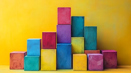 Vibrant geometric blocks on yellow background