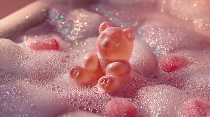 Fototapeta premium A vibrant pink gummy bear relaxes in a soft, frothy bath, radiating joy and sweetness Generative AI