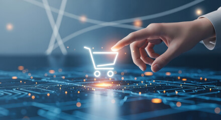 A woman's finger touches a glowing shopping cart icon representing online shopping. The background is a futuristic digital network with blue and orange lights.