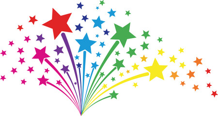 Vibrant rainbow star firework vector illustration featuring a colorful explosion of stars for festive celebration party backgrounds and pride event greeting card design © Rubya