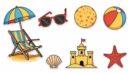 Beach Vacation Essentials Collection Featuring Umbrella Chair Sunglasses Ball Starfish and Sandcastle.