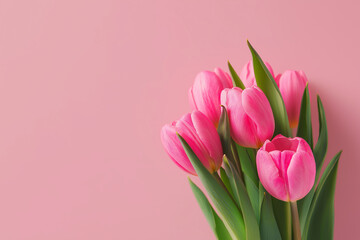 Fototapeta premium Bright pastel pink tulips stand gracefully against a smooth pink backdrop, radiating spring joy Generative AI