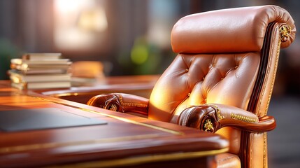 Empty executive office background wooden desk leather chair warm lighting luxury business mood