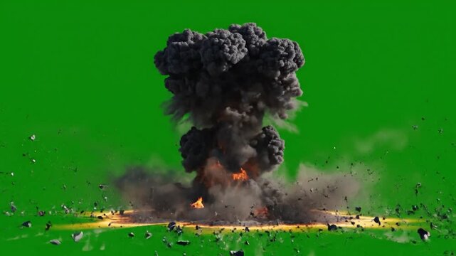 Massive realistic explosion with intense fire and flying debris on a green screen background