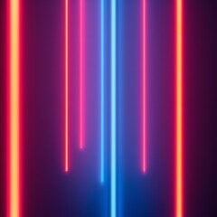 Vibrant neon lights in blue, pink, and red colors on a dark background, abstract digital illustration with glowing stripes