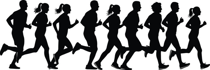 Silhouette of a group of people running together in unison