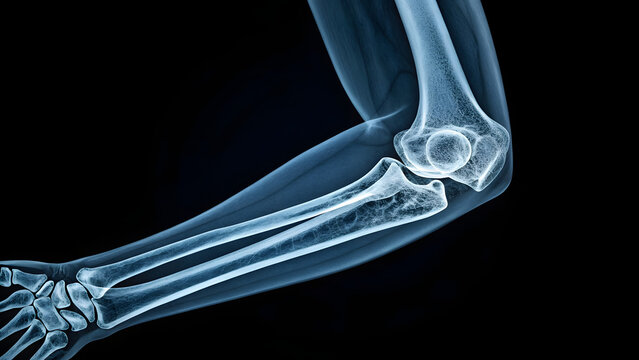 Xray image of a human elbow joint in side view