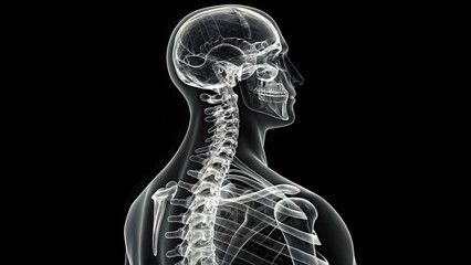 Xray image of human skeleton showing spine and skull profile
