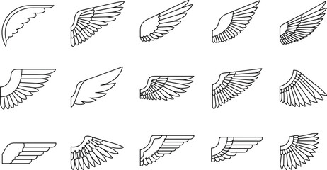 Fototapeta premium Set of 15 wing vector icons featuring various feathered designs for bird angel and heraldic flight symbols in minimalist black line art style