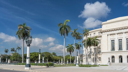 Urban landscape. Havana. Cuba. The white-stone Capitol building, antique streetlights, palm trees. Blue sky, clouds.