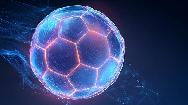 Abstract glowing neon colored soccer ball over blue background with geometric patterns and lines , sports, football, lines.