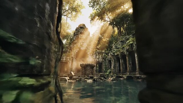 Golden sunlight filters through a dense jungle canopy onto ancient overgrown temple ruins with intricate stone carvings and roots.