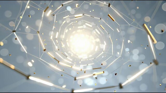 A dimensional gateway forms with floating geometric shapes and glowing connections.
