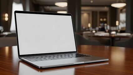 Fototapeta premium Modern Laptop Open on a Wooden Table in a Cozy Restaurant Setting.