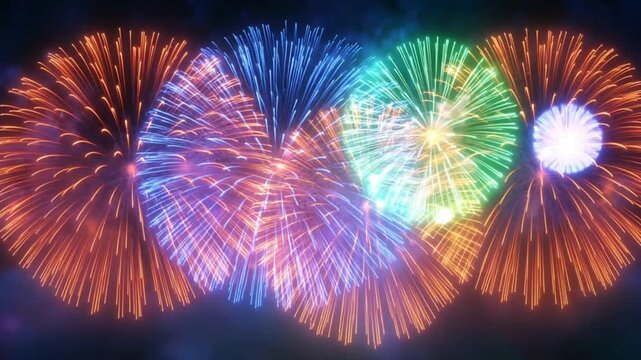 Colorful fireworks exploding in the night sky, creating a festive celebration atmosphere.
