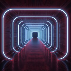Futuristic neon tunnel with glowing blue and red lights, abstract digital art, cyberpunk atmosphere, person walking into the distance