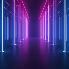 Neon-lit corridor with purple and blue lights, futuristic hallway with glowing vertical lines, cyberpunk atmosphere and dark floor
