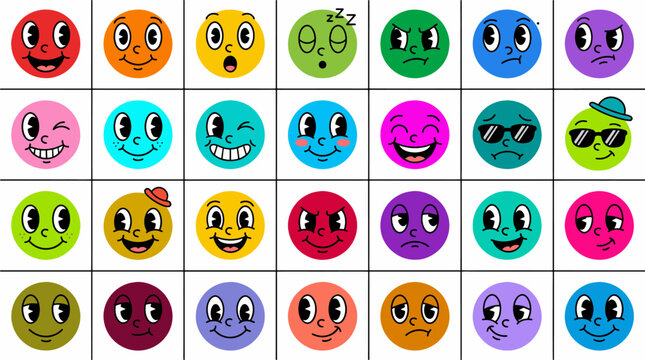 Large vector collection of colorful retro cartoon smiley face emoticons with vintage rubber hose style eyes and various expressions for fun character design, stickers, and nostalgic graphic projects.
