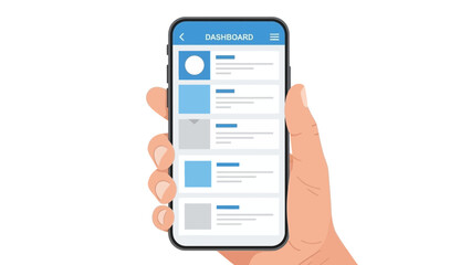A hand holding a smartphone displaying a template design interface with various layout options and a blue header