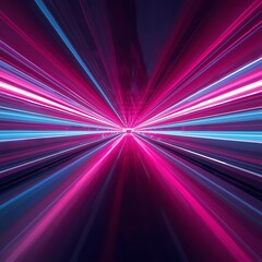 Vibrant neon light tunnel with pink and blue rays, abstract speed and motion background with futuristic energy concept