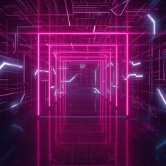Futuristic neon-lit corridor with pink and purple hues, abstract digital background, cyberpunk atmosphere, glowing lines and grid patterns