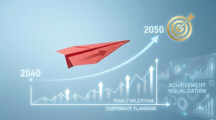 Red paper airplane ascends on a growth chart towards a golden target labeled 2050, representing long-term achievement