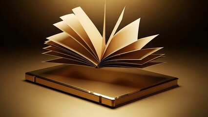 An open book with golden pages rests atop a matching golden pedestal