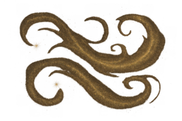 Ornate gold scrollwork element with swirling tendrils, providing a decorative baroque design on transparent background