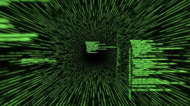 Abstract tunnel of binary code with green glowing digital data streams