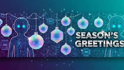 Futuristic Christmas ornaments and digital figures Seasons Greetings concept with technology and holiday elements vibrant 