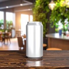 A blank, light gray aluminum can sits on a wooden bar top, blurred interior background