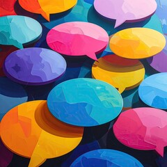 Colorful speech bubbles overlap, creating a vibrant pattern