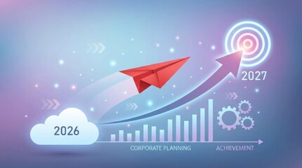 Red paper airplane flying from cloud 2026 towards target for 2027 achievement arrow bars