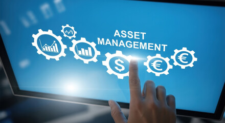Close up of a hand touching a digital screen showing 'ASSET MANAGEMENT' text and financial icons like dollar and euro signs, with graphs and charts within gear graphics against a blue background.