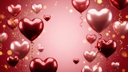 Valentine Day Glossy Pink Heart Balloon with Golden Confetti Background