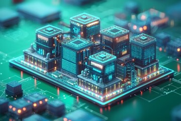 Obraz premium Miniature futuristic server city on a glowing circuit board