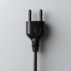 Close-up of a black electrical plug.  The two prongs are visible, and a black cord extends from the plug.  A light gray background
