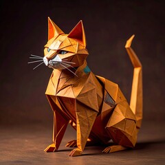 Origami cat, orange, geometric,  seated pose