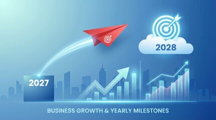 Red paper airplane flying towards a target in a cloud labeled 2028 above a business growth chart from 2027