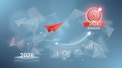 Red paper airplane flying towards a target labeled 2028 achieved with a timeline from 2026 to 2027 and business graphics