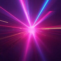 Vibrant neon light beams radiating from a central point in a dark space, creating a dynamic and futuristic visual effect with pink, blue, and purple hues.