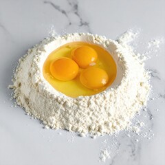 Three eggs nestled in a flour well on a marble surface