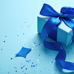 Light blue gift box with a vibrant blue ribbon and confetti