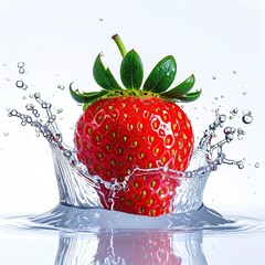A vibrant red strawberry plunges into a water splash