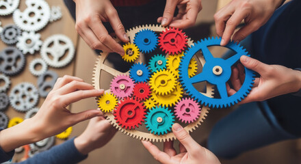 Close-up of diverse hands connecting colorful interlocking gears, symbolizing teamwork and collaborative effort on a wooden background.
