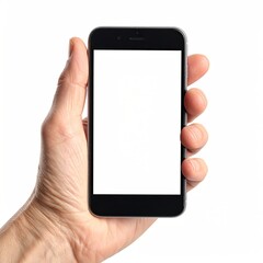 Hand holding a black smartphone with blank screen
