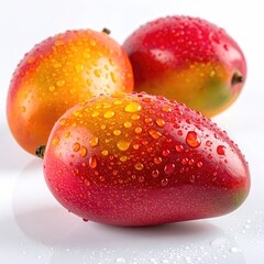 Three ripe mangoes, glistening with water droplets, sit on a bright white surface
