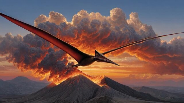 Pterosaur Soaring Above Volcano: A majestic pterosaur glides through the fiery sky above erupting volcanoes, showcasing nature's raw power and the age of dinosaurs. 