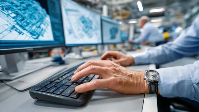 Engineering Focus: An engineer's hands expertly navigate a keyboard, crafting complex designs on multiple screens in a state-of-the-art facility.
