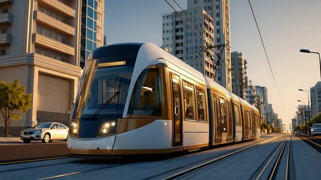 Cityscape Tram: A sleek tram car gracefully glides along a city street, its modern design harmonizing with the surrounding urban architecture.